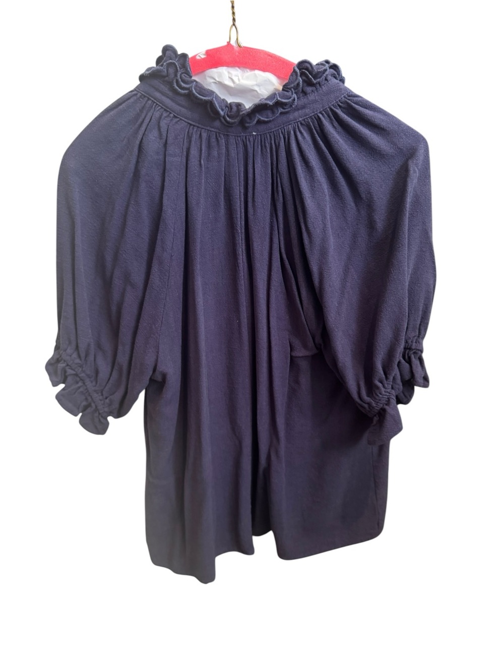 Umgee Navy Ruffle-Neck Button Front Blouse - Picture 2 of 4